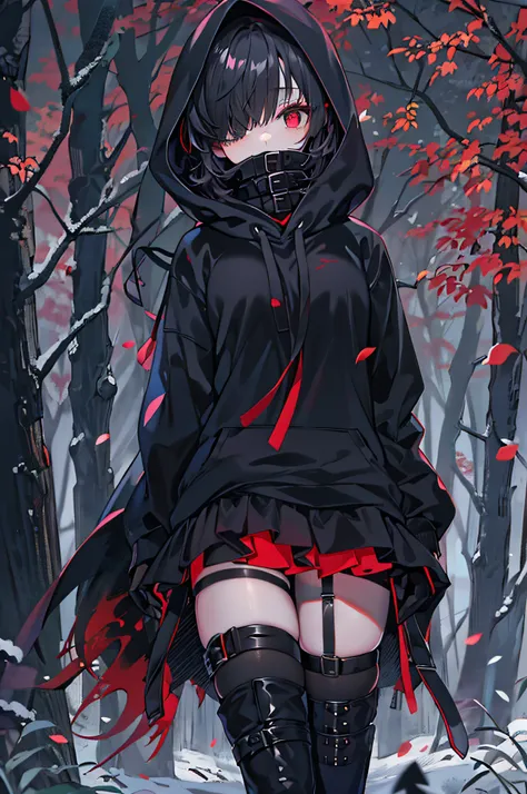 red color eyes, Black color hair, Black platform boots, short detailed hair, black thigh socks, Hair covers one eye, black   hoodie, Black thigh strap, black sash,nigth，black short skirt，ln the forest，at winter season，bit girl，waiting to start