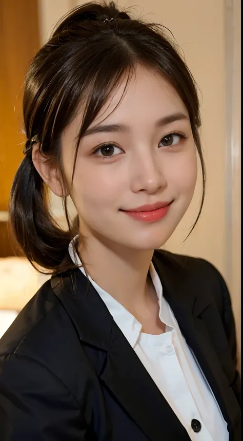 1 pretty girl，white skinned，brown  hair，looking at viewer，pony tail, happy smile, black suit