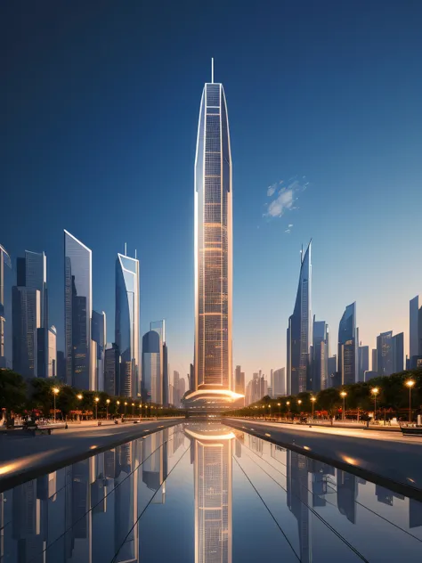 There is a big city，There is a tall building in the middle, author：Chass is silent, inspired by Zha Shibiao, futuristic skyscrapers, with tall glass skyscrapers, in style of norman foster, inspired by Cheng Jiasui, shenzhen, building rendering, cinematic a...