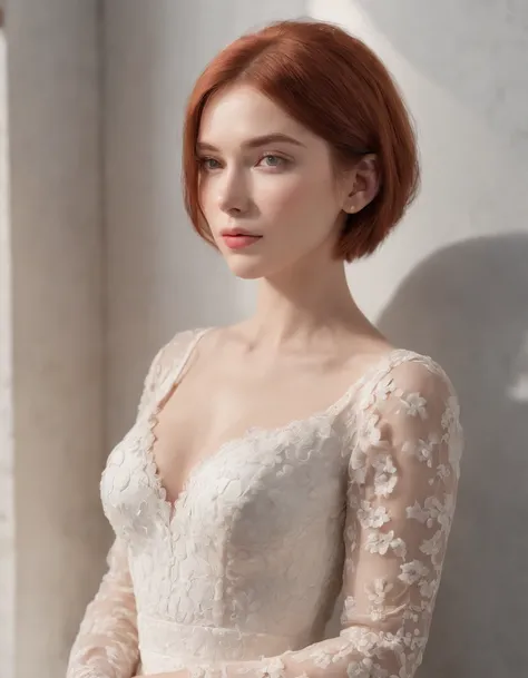 photoshoot of deborahWolf1, (redhair), (short hair cut),detailed skin texture, (blush:0.2), (goosebumps:0.3), (white floral dress), subsurface scattering, Photorealistic, Hyperrealistic, Hyperdetailed, analog style, hip cocked, demure, detailed skin, matte...