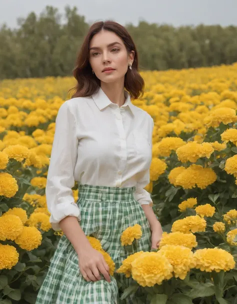 woman wearing white and green retro checkered clothes, yellow flowers on clear sky background, low angle shot, medium shot, high quality photo