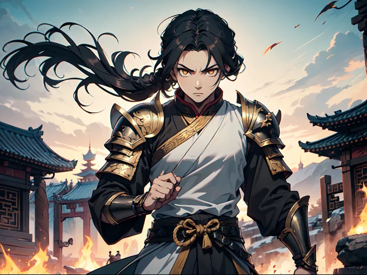 Ultra High Definition, Ultra High Quality, Extremely Detailed, Perfectly Detailed, Masterpiece, 8k, 1 Boy, Look A Like Xin From Kingdom Anime, Handsome, Armored With Chinese Emperor Armor, Solid Pure Black And Orange Pupil Eyes, Black Long Hair Tied, Perfe...