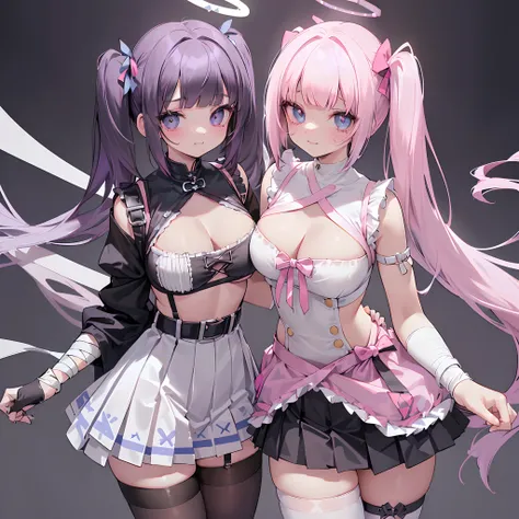 girls Love, ((2 girls)), Two girls in love with each other, Sexy girls, embarassed face, abdominals, Cute atmosphere, Stylish, Luxurious, ((Girl 1, ((pink halo,)) purple hair, ((messy Hair)), (((Unkempt hair))), ((big sized twin tails)), ((blunt bangs)), b...