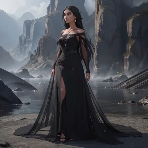 there is a woman in a black dress standing on a rock, garota anime usando um vestido preto, fantasy style clothing, vestido long...