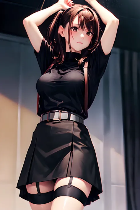 Black skirt, 　suspenders, Brown hair Gray eyes, Garter belt on the legs, Tight black clothes, 　　 a belt　Armpit sweat　　Dark look　Moderately breasts　holster　chain　　poneyTail　Water wetting