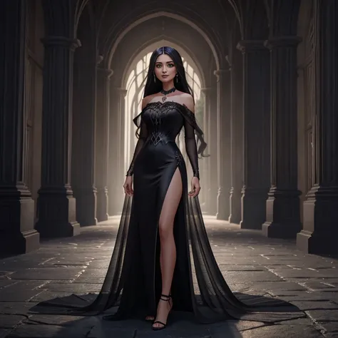 there is a woman in a black dress standing on a rock, garota anime usando um vestido preto, fantasy style clothing, vestido long...