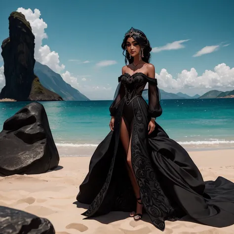 there is a woman in a black dress standing on a rock, Garota Anime usando um vestido preto, fantasy style clothing, vestido longo preto escuro, an elegant gothic princess, Xianxia de corpo inteiro, Sha Xi, uma mulher elegante no vestido preto, por Yang J, ...