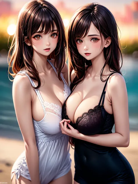 ((2young girls)), (best quality), (ultra-detailed), illustration, (detailed light), (an extremely delicate and beautiful), brown hair, brown eyes, model, (Beautiful big breasts), (no bra, no panties), bare shoulders, Cameltoe, best quality, extremely detai...