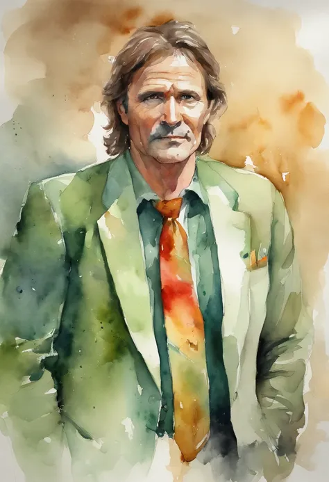 Middle-age male, messy mullet, mutton chops, nose is red and bulbous, broad torso, strong arms, long thin legs, green suede blazer, light brown trousers, white shirt, rainbow necktie, (masterpiece), best quality, expressive eyes, stressedface