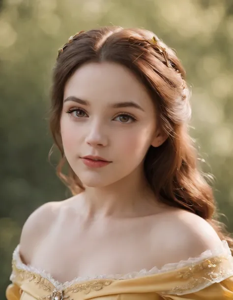 (child), (Princess Belle cos:1.3), little child, upper body, Little yellow dress, Ultra photo realsisim, Realistic, best quality real texture skin,cute true circle Symmetrical eyes, cute face, medieval world, epic realistic, Cinematic