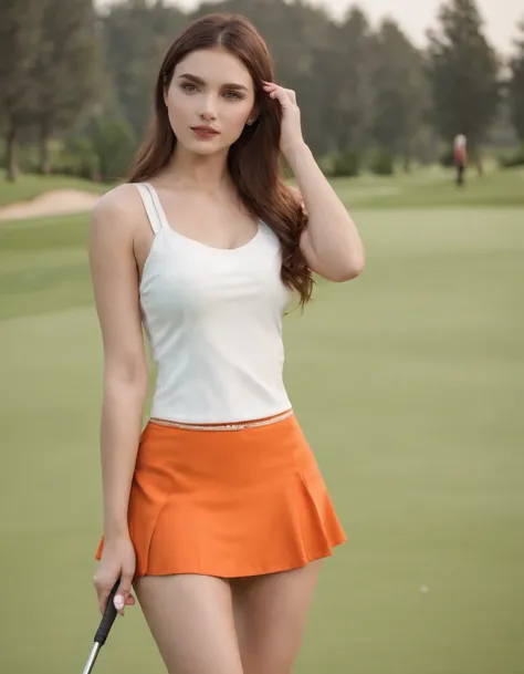 (((Holding a golf pictorial orange skirt at the golf course))) White sports bra, araf woman in hot pants walking on the night road, slim girl model, fancy young woman, womens fashion model, women in white pants, women in tight bra, open their legs, white u...