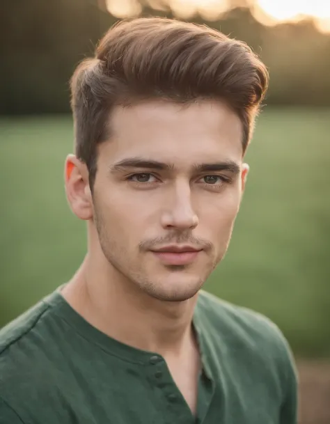 portrait of young and beautiful men,22years, fanatical face, in green field on sharp focus background, Studio Photography, intricate details,highly detailed, Esmaltado,mysterious lighting, upper body