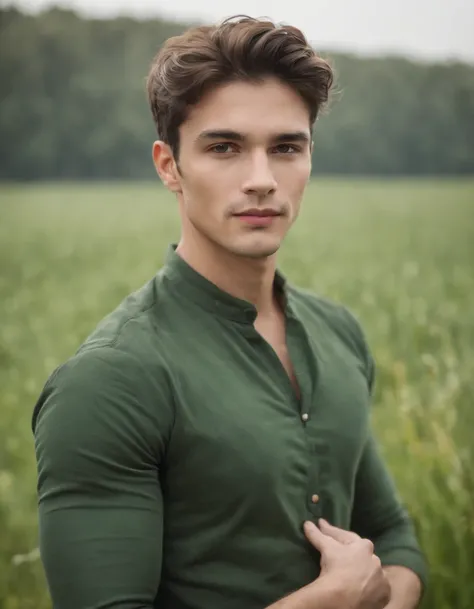 portrait of young and beautiful men,22years, fanatical face, in green field on sharp focus background, Studio Photography, intricate details,highly detailed, Esmaltado,mysterious lighting, upper body