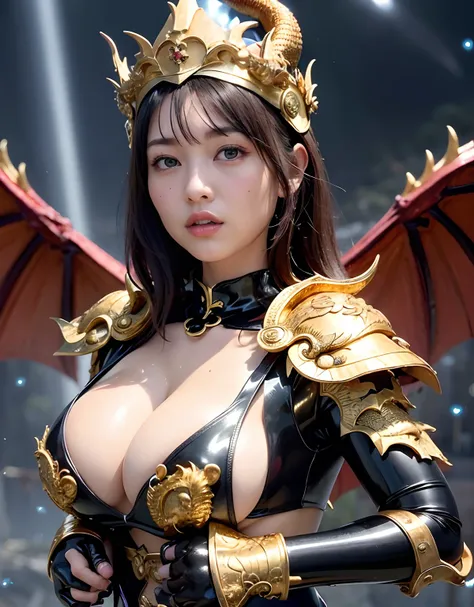 ((World of Darkness)),Professional , ​masterpiece、top-quality、photos realistic , depth of fields 、(((Fight dragons))),（Dragon Black Metal Body:1.9),(Latex Blue、（cleavage of the breast）,（Fight dragons）、、(((Particles of light))),（Micro Bikini Armor:1.7),Gorg...