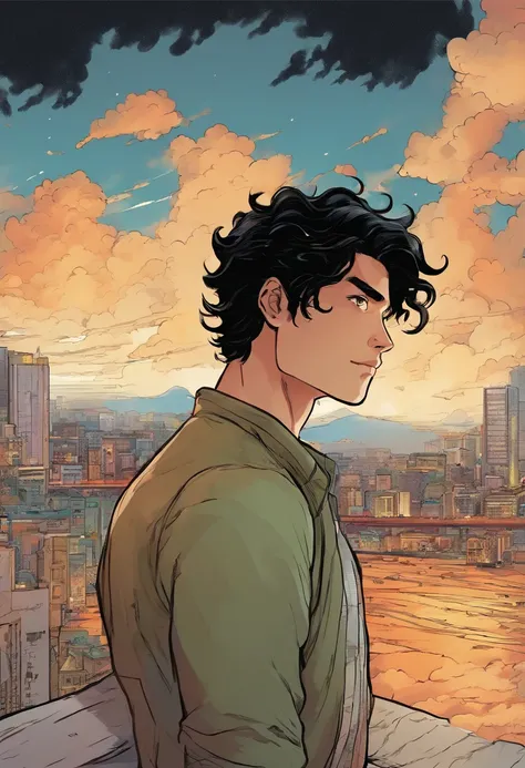 "A young man with black hair, his back turned, gazing up at the dark and cloudy sky in the foreground. The young man will be positioned in the lower left corner, with most of the image filled with clouds.