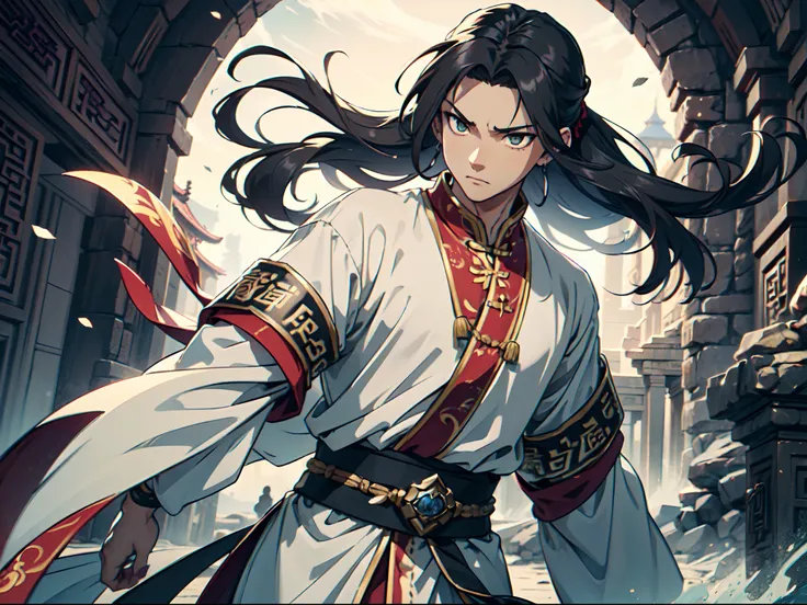 Ultra High Definition, Ultra High Quality, Extremely Detailed, Perfectly Detailed, Masterpiece, 8k, 1 Boy, Look A Like Xin From Kingdom Anime, Handsome, Equipped With Chinese Emperor Silk Clothes, Solid Pure Silver White And Black Pupil Eyes, Jade Long Hai...