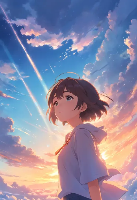 masterpiece, best quality, movie still, 1girl, cloud girl, floating in the sky, close-up, bright, happy, warm soft lighting, sunset, (sparks:0.7)