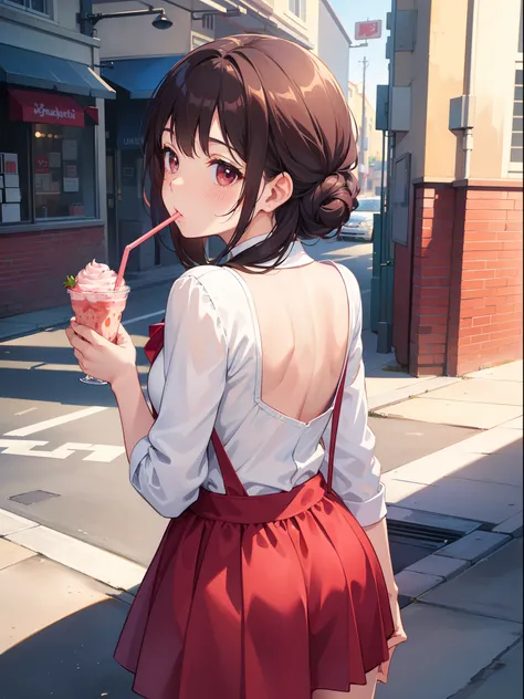 1 girl , (drinking strawberry milkshake) ,(looking back), (from back),upper body , school uniform , background street , ((masterpiece)), ((best quality)), ((ultra-detailed)), (illustration), ((an extremely delicate and beautiful))