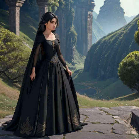 there is a woman in a black dress standing on a rock, Garota Anime usando um vestido preto, fantasy style clothing, vestido longo preto escuro, an elegant gothic princess, Xianxia de corpo inteiro, Sha Xi, uma mulher elegante no vestido preto, por Yang J, ...