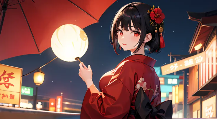 1 beautiful girl , short black hair, red eyes, clothes yukata , city japan , absurdres, highres, ultrasharp, 8K, masterpiece, looking at viewer