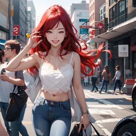 urban street scene:1.1，Slightly chubby girl:1.2，perfect bodies，white under lingerie，low-rise jeans，Long red hair 1:2，Happy emoji，8K quality，二重まぶた，Ultra-clear picture