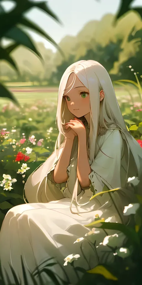 (masterpiece, best quality),1girl with long white hair sitting in a field of green plants and flowers, her hand under her chin, warm lighting, white dress, blurry foreground