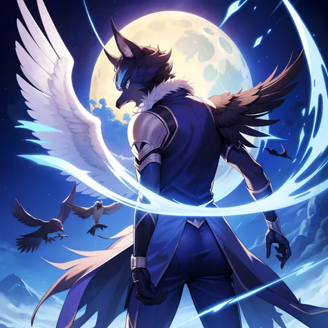 （tmasterpiece）（best picture quality）moon night，back shadow，turn back，clear the face，blue color eyes，hawk，young  male，animal，army...