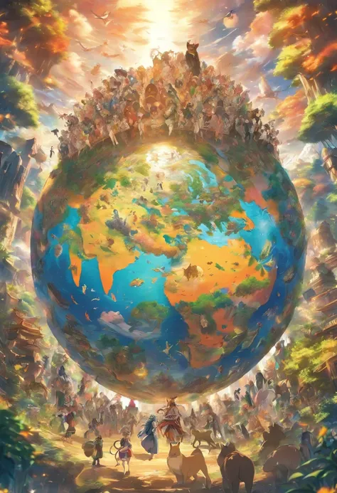 A large world globe, surrounded by a diversity of wild animals