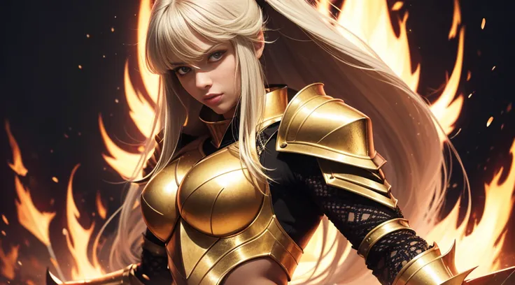 (1girl), wearing a heavy knight armor, dark armor, intricate black and gold armor details, intricate beautiful green fields, legendary, futuristic, saint seiya, long blonde hair, muscular, power pose, highly detailed background, fire in the eyes, aura powe...