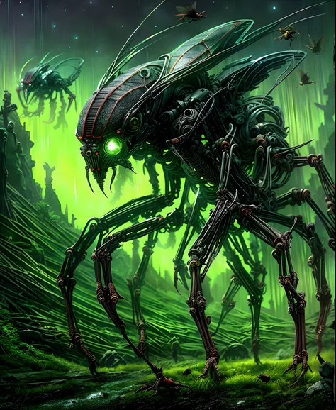 Envision a dark and desolate alien landscape, shrouded in perpetual twilight, where towering, nightmarish insectoid creatures with obsidian exoskeletons and menacing spikes on their limbs gather in colossal, ominous colonies, their sparkling green bionic w...