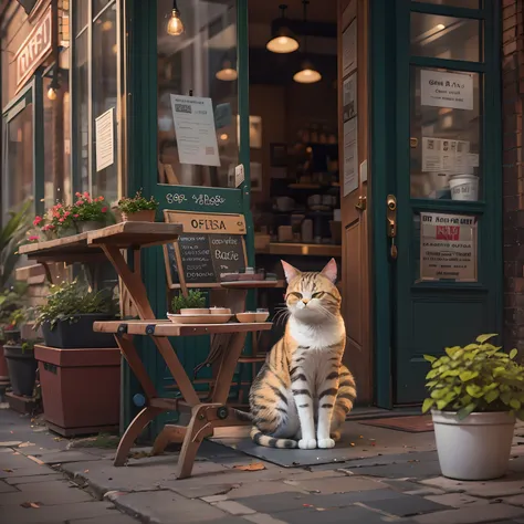 one cat outside the coffee shop, masterpiece, high quality, 8K, high resolution.