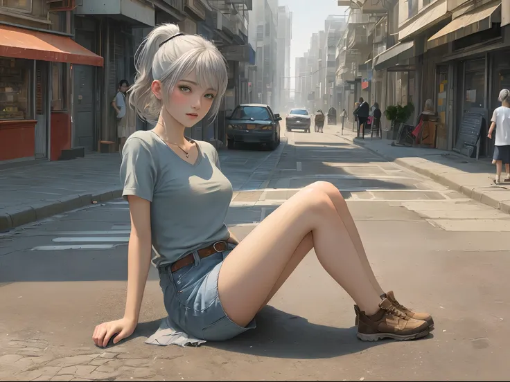 (Textured skin, short ponytail hair, Shyness and blushing, Best quality), ((Masterpiece)), (High definition:1.3), Beautiful,(Masterpiece), Super detail, Realistic, Beautiful photo, wide wide shot, Knees on the ground, Dirty street corner、1girll, Slim small...