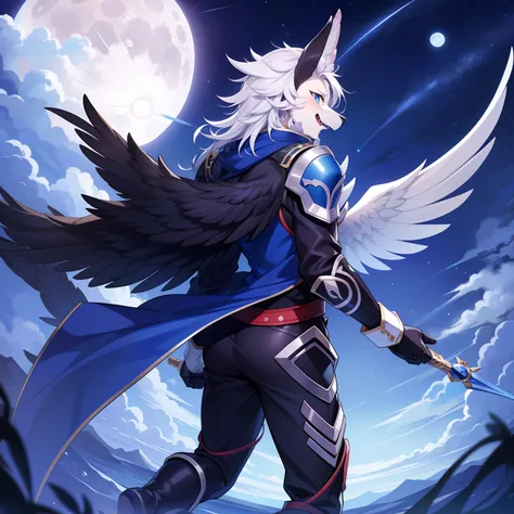 （tmasterpiece）（best picture quality）moon night，back shadow，turn back，clean your face，blue color eyes，hawk，young  male，animal，arm...