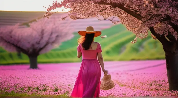 There is a beautiful woman standing in a field of cherry trees with a sun hat and wearing a pink halter dress, longos cabelos castanhos ondulados, wearing sunglasses, alto e magro, Beautiful, sorriso sutil, Standing in the field of cherry trees, standing i...