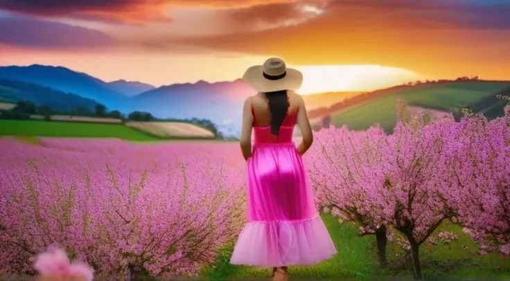 There is a beautiful woman standing in a field of cherry trees with a sun hat and wearing a pink halter dress, longos cabelos castanhos ondulados, wearing sunglasses, alto e magro, Beautiful, sorriso sutil, Standing in the field of cherry trees, standing i...