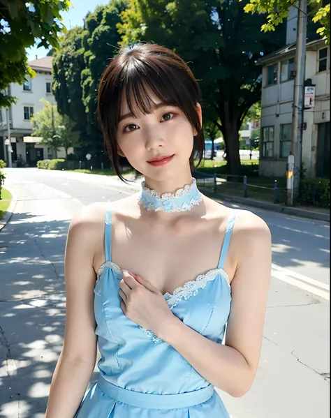 a woman posing on the street corner with light blue dress on、top-quality、女の子 1 a person、large full breasts、tag、with light glowing、Blur background、bokeh dof、outside of house、(street:0.8)、(a person々、crowd:1)、(lace-trimmed)doress:1.5、sleeveless dress、Water-co...