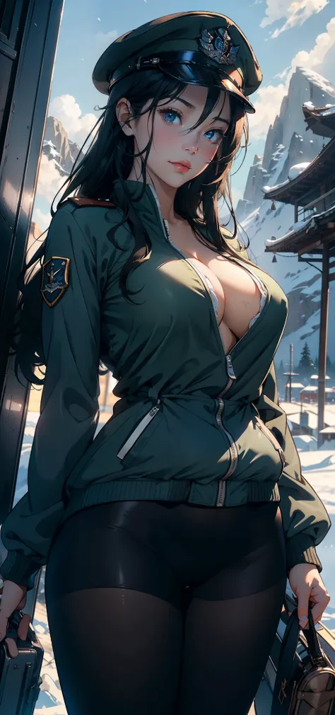 1female，35yo，plumw，extremely large bosom， 独奏，（Background with：aerodrome，Planes，snow mountains，at winter season，Snow on the ground，exteriors，） She has long black hair，Stand on the plane，，seen from the front， hair straight， mostly cloudy sky，（（（tmasterpiece）...