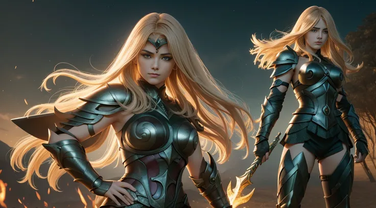 (1girl), wearing a heavy knight armor, dark armor, intricate black and gold armor details, intricate beautiful green fields, legendary, futuristic, saint seiya, long blonde hair, muscular, power pose, highly detailed background, fire in the eyes, aura powe...