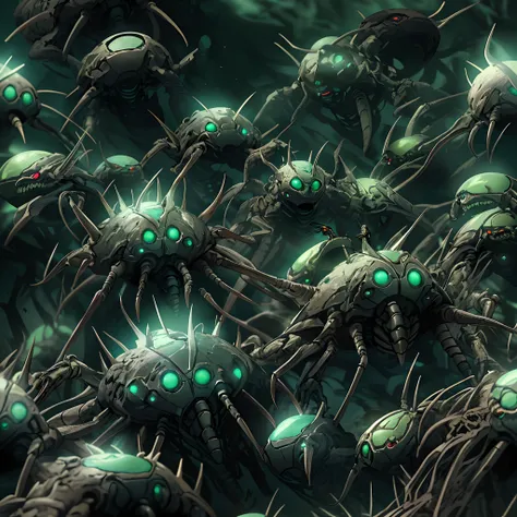 Imagine a subterranean world deep beneath the surface of an alien planet, where swarms of terrifying, insectoid aliens, their ebony bodies covered in razor-sharp spikes, construct sprawling colonies illuminated by the eerie glow of their sparkling green bi...