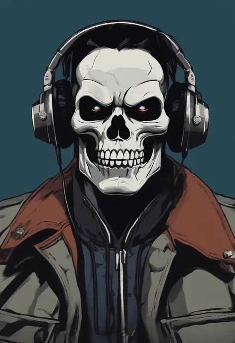 (skull face), ((Lobo DC Comics)) (wearing headphones) (talking in a condenser microphone) (wearing hoodie) face black hair, eyeball, anime, Expressionism, Gothic art, anime style, cinematic lighting, depth of field, chromatic aberration, ray tracing, anato...