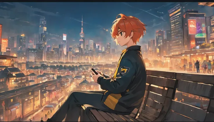 boy sitting on a bench at park, looking at his phone with one, sideways view, atmospheric, cyberpunk city with tall skyscrapers in the distance,