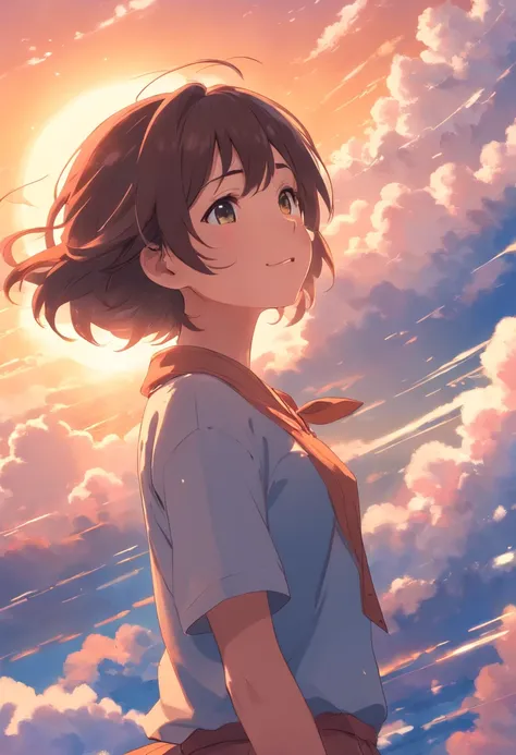 masterpiece, best quality, movie still, 1girl, cloud girl, floating in the sky, close-up, bright, happy, warm soft lighting, sunset, (sparks:0.7)