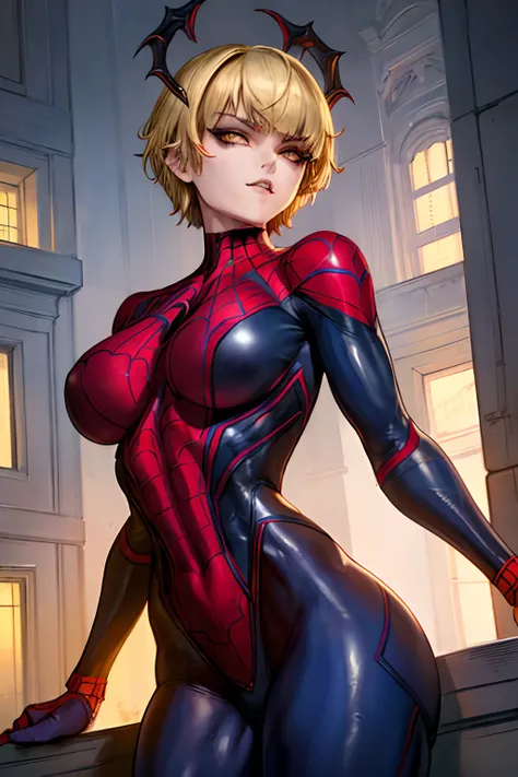 18-year-old girl, ((Demonic Costume ))Spider-Man, short blunt hair, blonde woman, beatiful face, Sateen, roof, tmasterpiece, intricate detials, perfect anatomy