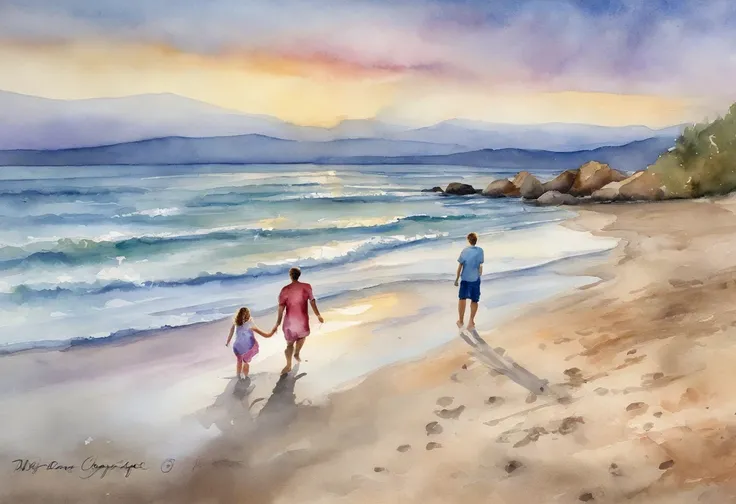 As the sun sets on the beach, a father and his two twenty-year-old daughters playfully chase their five-year-old son along the shoreline. The sky is painted with a breathtaking palette of soft pastel hues - dusty blues, gentle pinks, and dreamy lavenders. ...