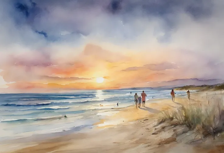 As the sun sets on the beach, a father and his two twenty-year-old daughters playfully chase their five-year-old son along the shoreline. The sky is painted with a breathtaking palette of soft pastel hues - dusty blues, gentle pinks, and dreamy lavenders. ...