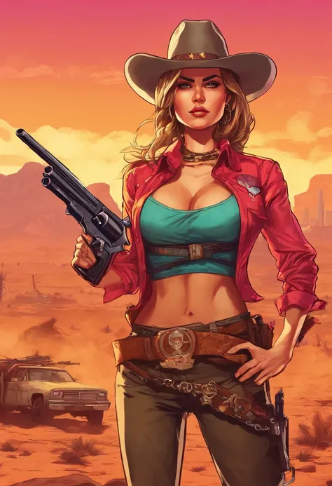 (masterpice,top-quality),Woman standing like a gunslinger in a western movie、Beautiful face,Breast size:1.2、The background is the American Pioneer Era、Western drama、Wasteland