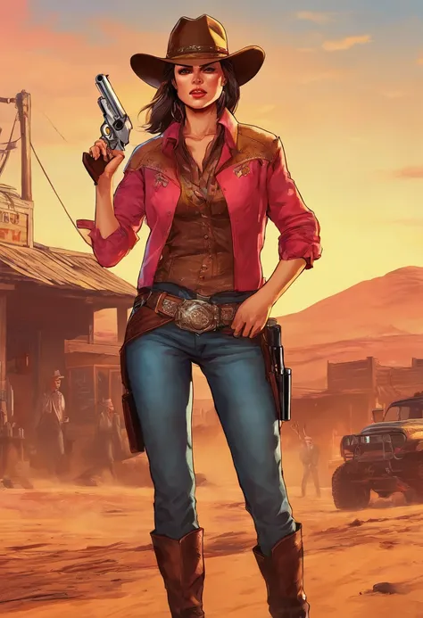 (masterpice,top-quality),Woman standing like a gunslinger in a western movie、Beautiful face,Breast size:1.2、The background is the American Pioneer Era、Western drama、Wasteland