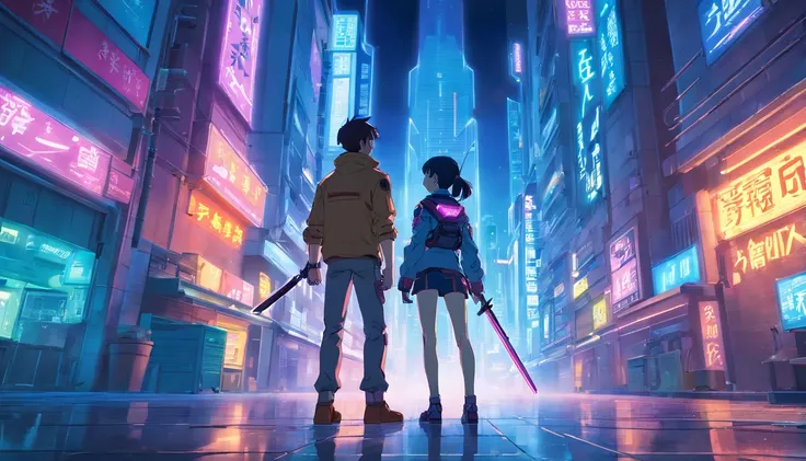 beautiful night cyberpunk city with a boy and a girl in cyber armor with futuristic katanas at a building