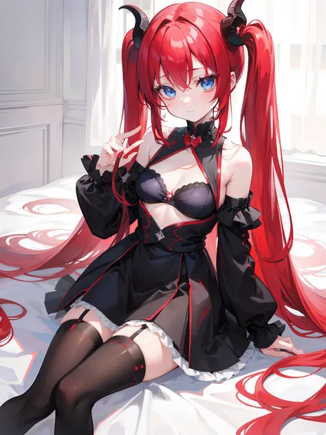 red hair,blue eyes,twintails, long hair, solo, loli, black stockings,{{best quality}}, {{masterpiece}}, {{ultra-detailed}}, {illustration}, {detailed light}, {an extremely delicate and beautiful},little girl,cute,Succubus, demon,horns