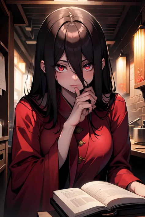 (( best quality, masterpice, )) crimson eyes, leuchtende augen, nacht, red robe, stehend, weiblich, lange haare, black hair, whi...